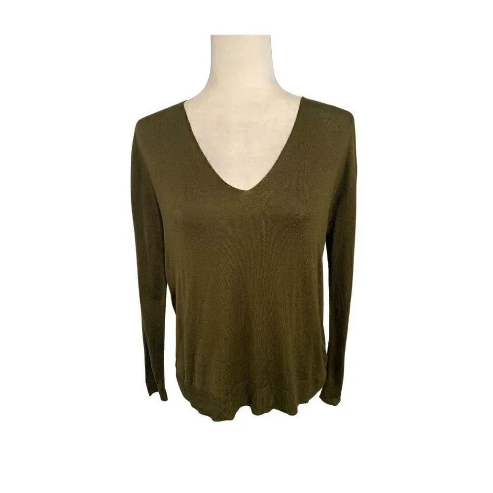 mng womens solid olive green v neck long sleeve sweater top small
